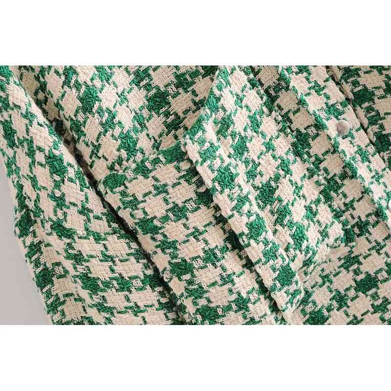 Stylish Green Check Plaid Woolen Shirt Jackets Warm Women Fashion Pockets Turn-down Collar Cute Girls Oversize Coat Streetwear 210429