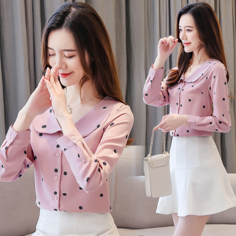 blouses women blusas mujer de moda womens tops and Polka Dot Peter pan Collar long sleeve chiffon shirts 6257 50 210427