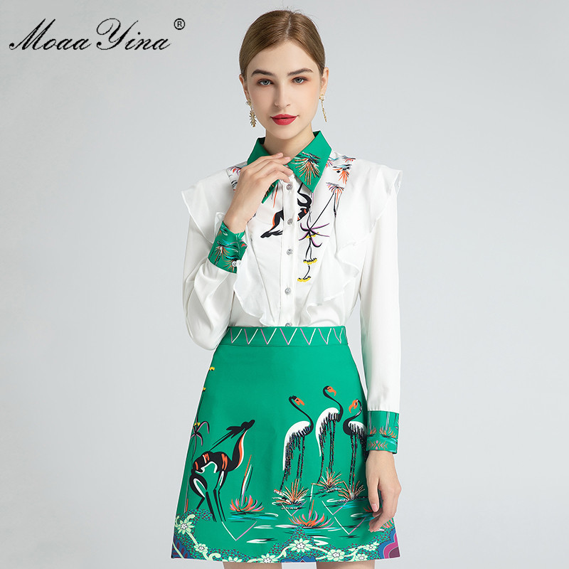 Fashion Designer Set Spring Women Long Sleeve Ruffles Blouses Tops+Red-crowned crane Print Beading Skirt Two-piece suit 210524, Green
Fashion Designer Set Spring Women Long Sleeve Ruffles Blouses Tops+Red-crowned crane Print Beading Skirt Two-piece suit 210524, Green