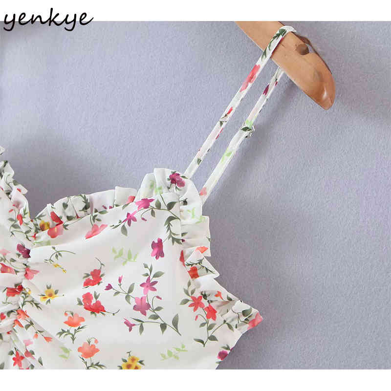 YENKYE Sweet Ruffle Floral Print Dress Women Front Drawstring Draped Bodycon Mini Sexy Dress Holiday Summer Sling Chiffon Robe 210515