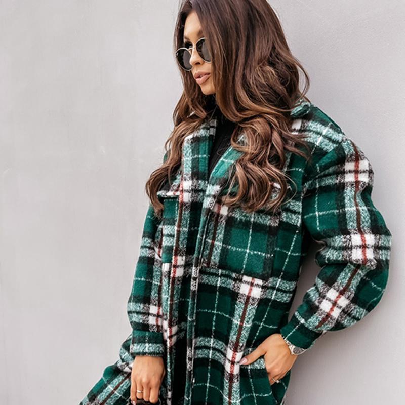 Women's Jackets Plaid Midi Long Coat Fashion Women Autumn Winter Sleeve Loose Pocket Ladies Casual Jacket Elegant Outwear 2021