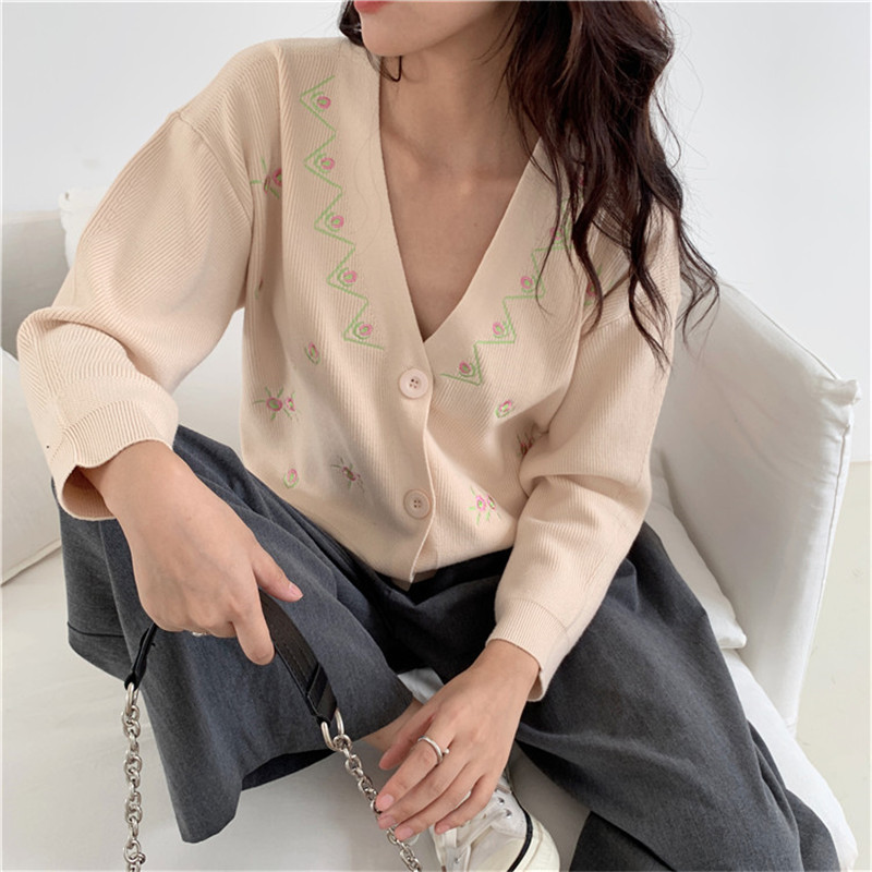 OL Single-breasted Tops Floral Embroidery Sweater Women Spring Autumn Elegant V-neck Knitted Cardigan Sweaters 210421