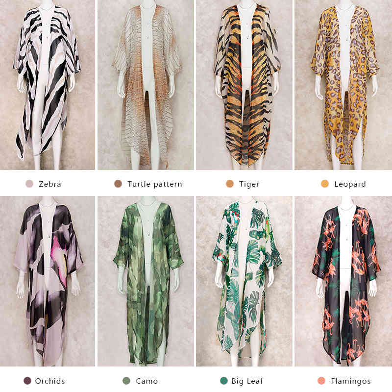 Boho Zebra Pattern Chiffon Bathing Suit Cover-ups Plus Size Beach Wear Kimono Dress Women Summer Swimsuit Cover Up A792 210420