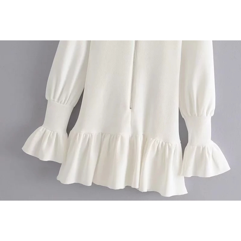 Summer Dress Vintage Deep V Neck white Pleated dress Elegant Korean long sleeve party boho casual ladies Dresses 210521