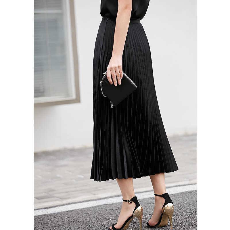 Minimalism Summer Women's Skirt Fashion Solid Pleated Calf-length Black Causal Chiffon 12130275 210527