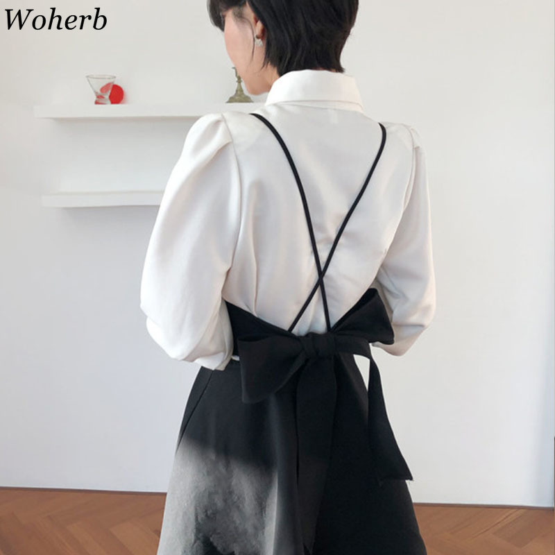 Women Dress Korean Elegant Suit Puff Sleeve White Shirt High Waist Backless Chic Two Piece Sets 4H894 210519