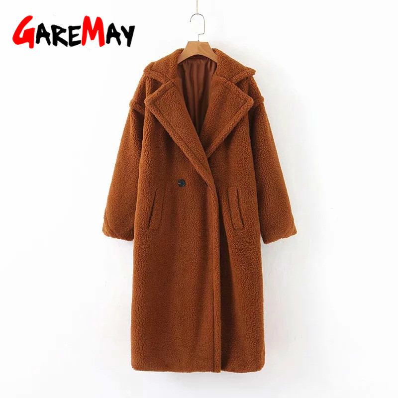 Faux Fur Coats and Jackets Women Autumn Winter Warm Thick Cashmere Mid-Calf Straight Female OverCoat Lady & Outerwear 210428