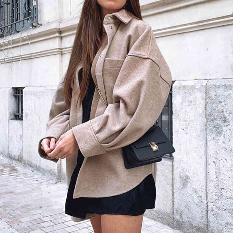 Evfer Women Fashion Double Big Pockets Hm Khaki Long Shirt Jackets Female Casual Sleeve Turn-Down Collar Outwear Oversize 210421