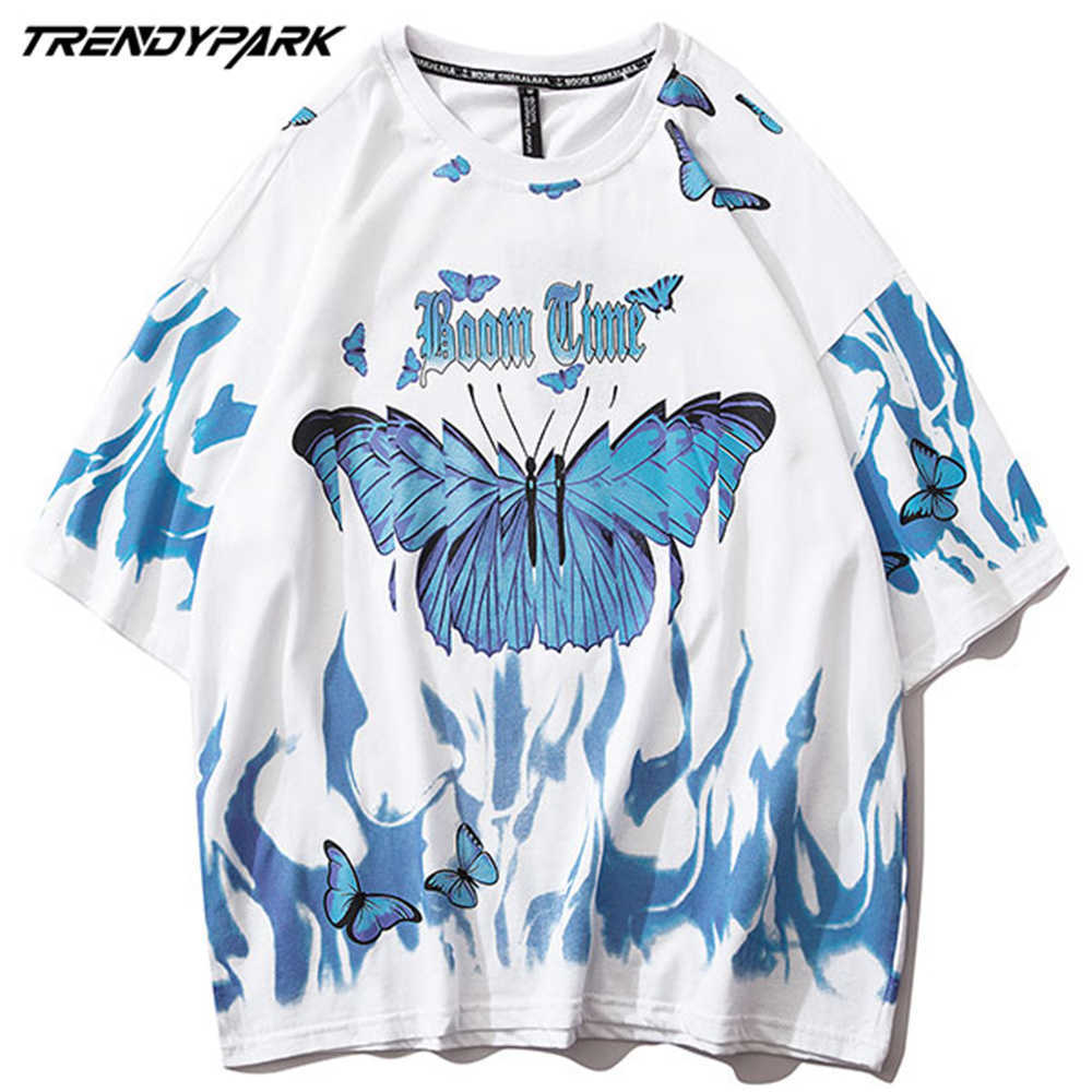 Men's T-shirt Butterflies In Flame Printed Short Sleeve Hip Hop Oversized Cotton Casual Harajuku Streetwear Tops Tee T-shirts 210601