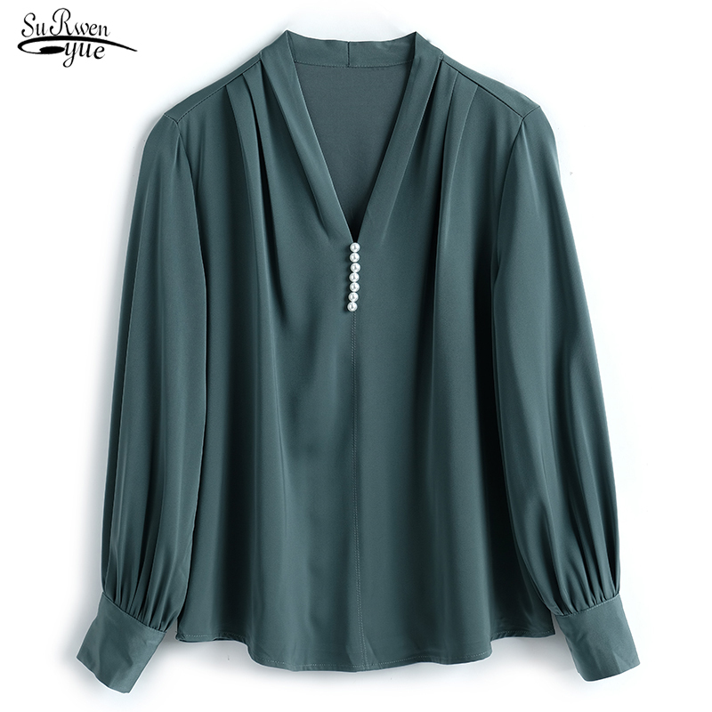 Autumn Spring Lantern Sleeve V Neck Blouse Women Office Lady Plus Size Chiffon Shirts Solid Casual Beading Clothing 12270 210508