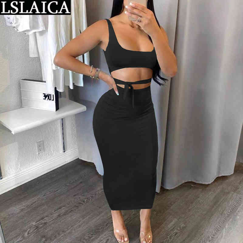 Summer Two Piece Set Women Solid Color Sling Tops and Long Skirt Sleeveless Lace Up Casual Backless 2 210520