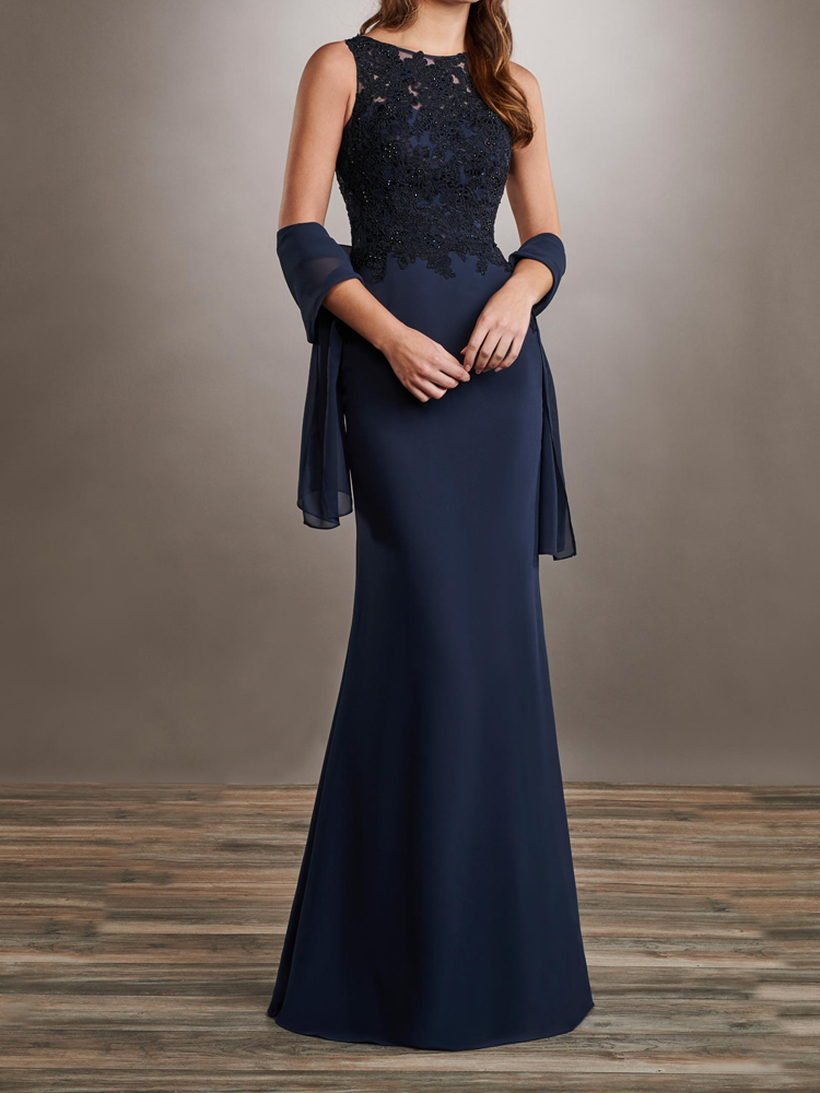 Dark Navy Mother of the Bride Dresses with Wrap Mermaid Floor Length Mother's Dress Chiffon and Lace