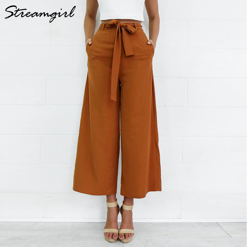 Ladies Wide Leg Pants Summer Women Trousers Women High Waist Capri Loose Belt Chiffon Casual Wide Leg Pants Plain Office 210421