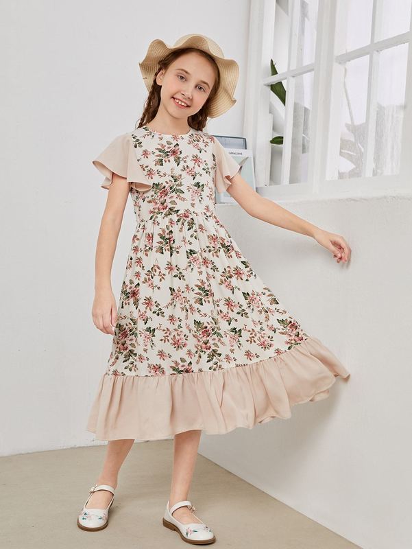 Girls Floral Print Ruffle Hem Dress SHE03