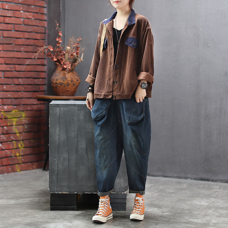 Autumn Arts Style Women Loose Coat Patchwork Retro Corduroy Jackets All-matched Casual Stand Collar Coats Ladies Clothes D407 210512