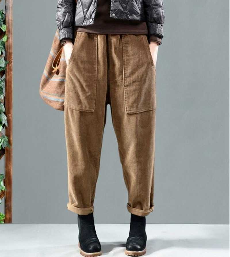 Elegent Harem Pants Women Corduroy Elastic Waist Solid Full Length Pockets High Lady Loose Plus Size 5XL 211115