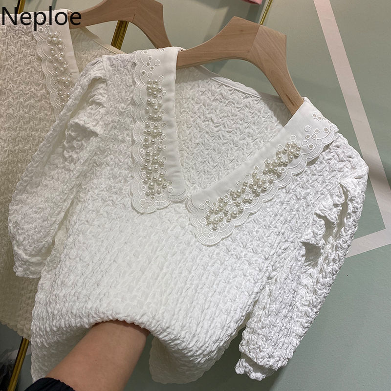 Neploe Blouse Women Summer Blusas Female Peter Pan Collar Heavy Beading Shirt Korean Fashion Pleated Tops White Blouses 210422
