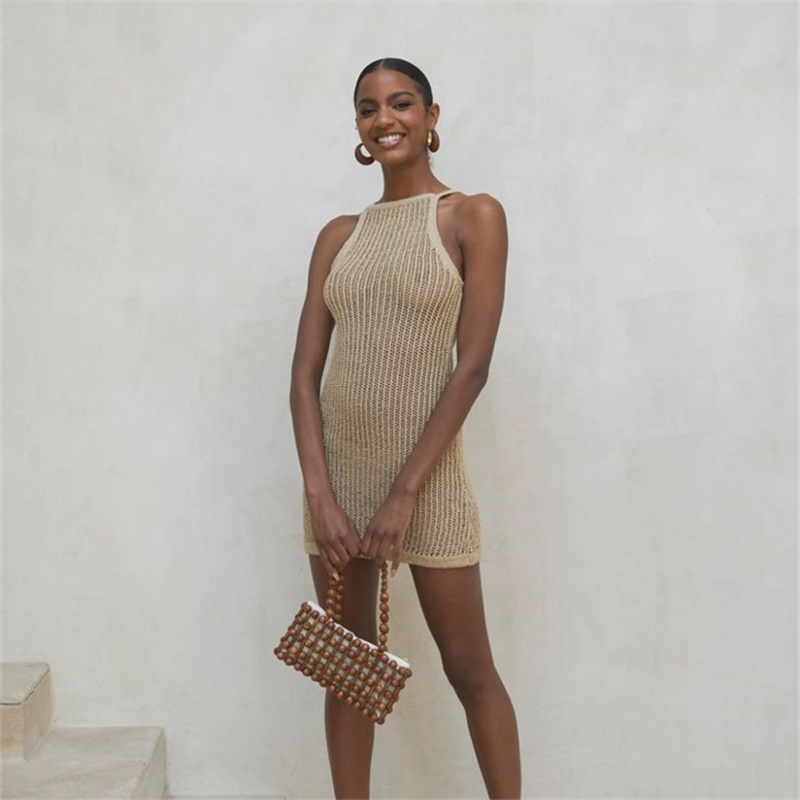 Sexy Striped Bikini Cover-ups Blue Crochet Tunic Elegant Sleeveless Women Summer Dress Beach Wear Swim Suit Cover Up Q1255 210420