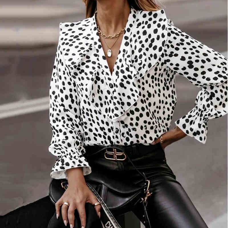 Elegant Dot Ruffles Blouse Shirt Clothes Long Sleeve Blouses Ladies Womens Fashion Tops and Blouses Korean Spring Autumn 210415