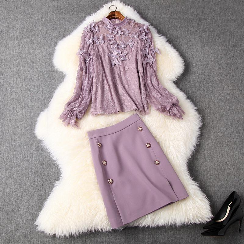 Est 2021 Stylish Runway Suit Set Women's Long Sleeve Lace Blouse Top Strass Buttons Skirt Two Piece Dress