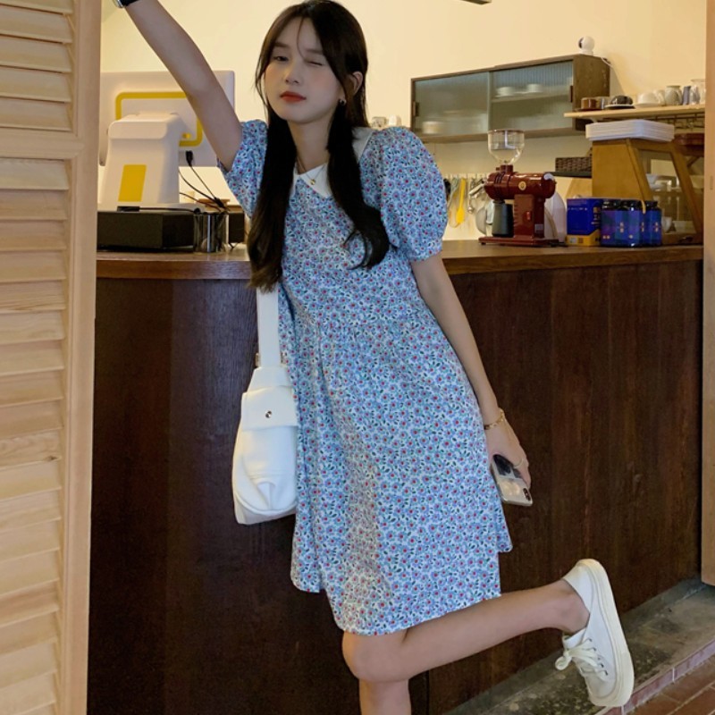 Summer Women Vintage Loose High Waist Dress Elegant Flower Print Doll Collar Sweet Casual Mini 210519