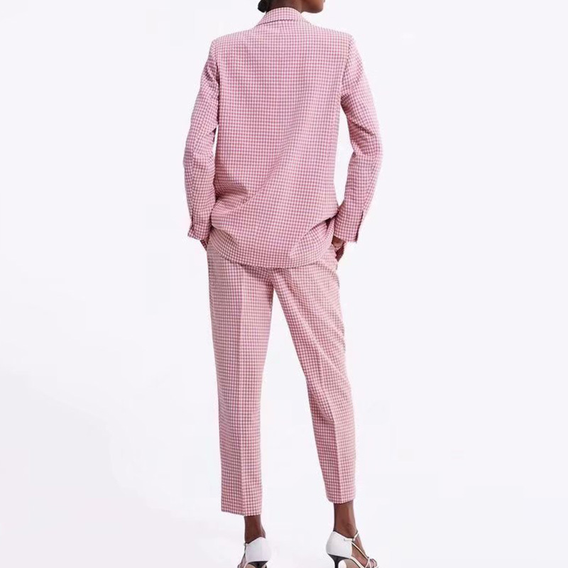2pcs Spring Autumn Women Blazers suits Fashion Pink Plaid ladies Office TopPant Elegant Girls Suit Causal Outfits Suit 210331