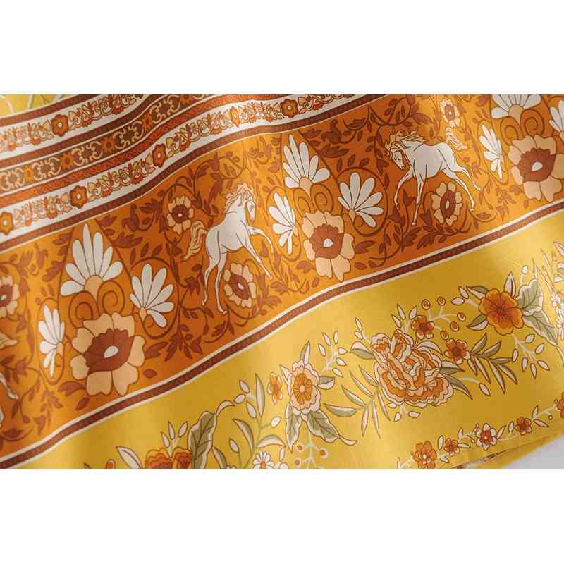 Bohemia Bandage Lacing up V Neck Floral Print Long Sleeve BOHO Dress Hippie Women Loose Straight Short Dresses Holiday Gold 210429