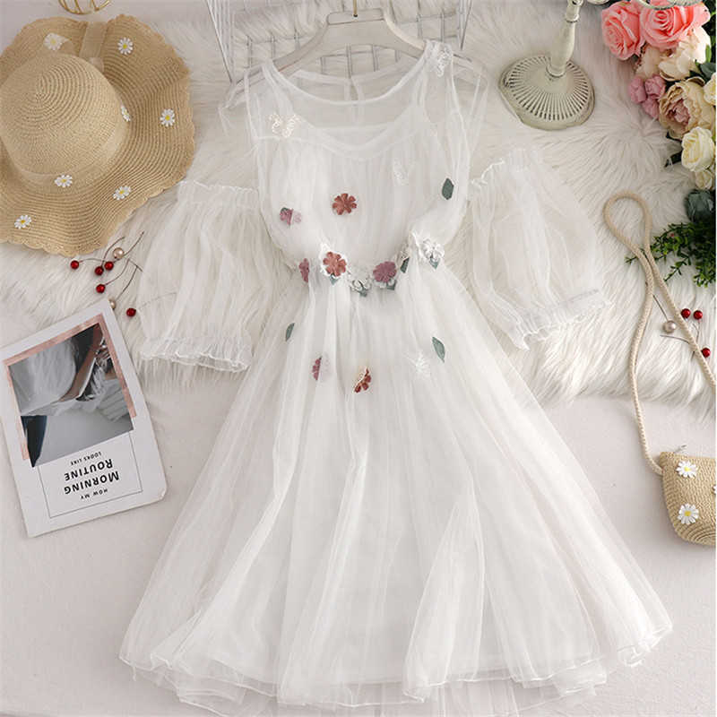 Sanishroly Summer Autumn Women Long A-Line Dress Sweet Floral Butterfly Lace Dress Female Short Sleeve Mesh Dress Vestidos CD086 210630