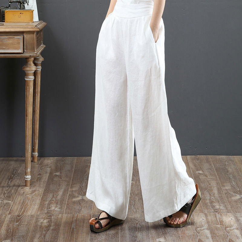 Spring Summer Women Pants Plus Size High Waist Loose Solid Cotton Linen Wide Leg Female Casual Trousers Big D50 210512