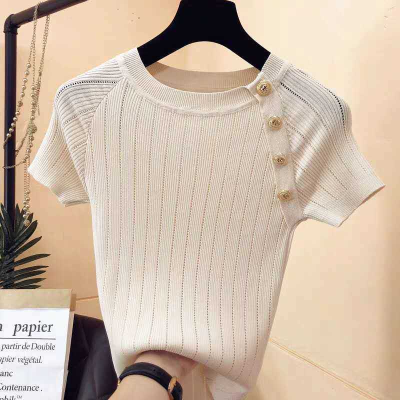 shintimes Thin Knitted White T Shirt Button Short Sleeve Tshirt Women 2020 Summer Solid Casual T-Shirt Female Tee Shirt Femme CX200713
