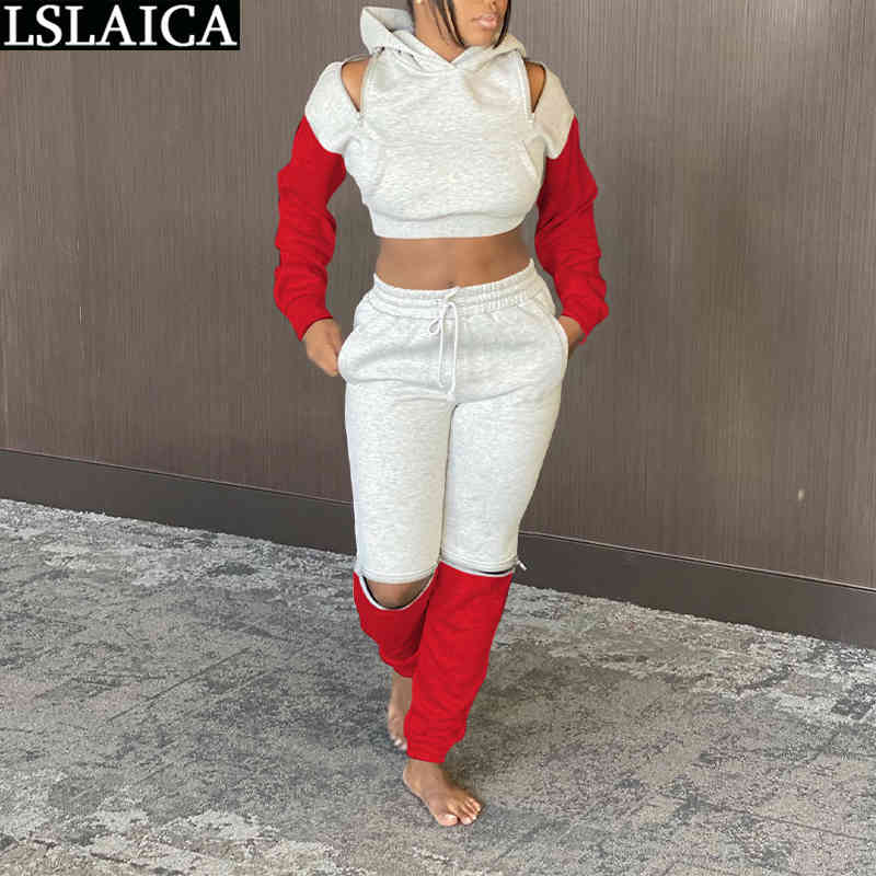 Fall Clothes for Women Two Peice Set Color Matching Hooded Long Sleeve Crop Tops Full Length Pants Sets Casual Tracksuit 210520