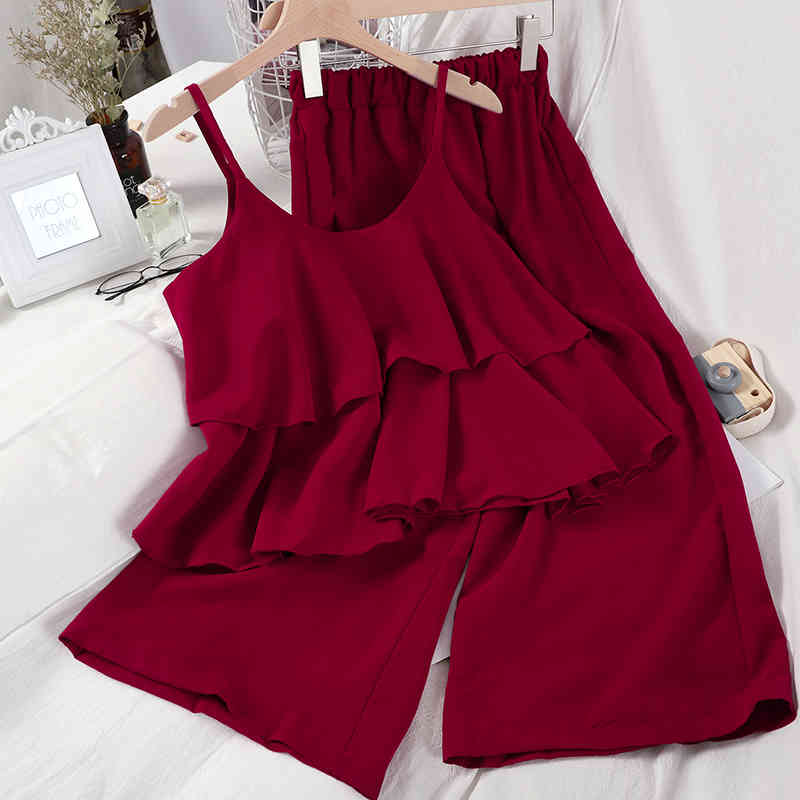 Korean Summer Two Pieces Set Women Ruffle Tank Blouse Top+ Wide Leg Pants Female Casual Solid Suit Outfits 210519