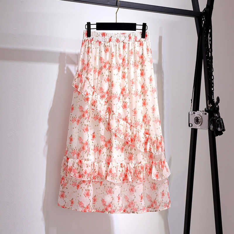Ladies Spring Summer Plus Size Long Skirt For Women Large A-line Ruffle Floral Print Flower Skirts 3XL 4XL 5XL 6XL 210621