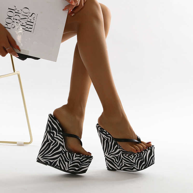 Termainoov Women Slippers High Heels Platform Zebra Wedges Heeled Flip Flops Fashion Dress Shoes Big Size 210928