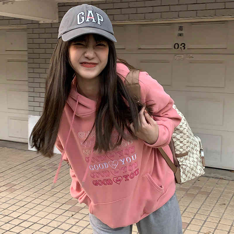 2 colors autumn and winter preppy style loose letter embroidery thicking hoodies womens sweatshirts pullovers (C2920) 210423