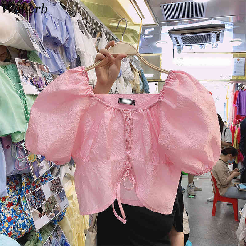 Summer Short Blouse Chic Square Collar Crop Top Bandage Blusas Elegant All Match Vintage Puff Sleeve Shirts Tops 210519