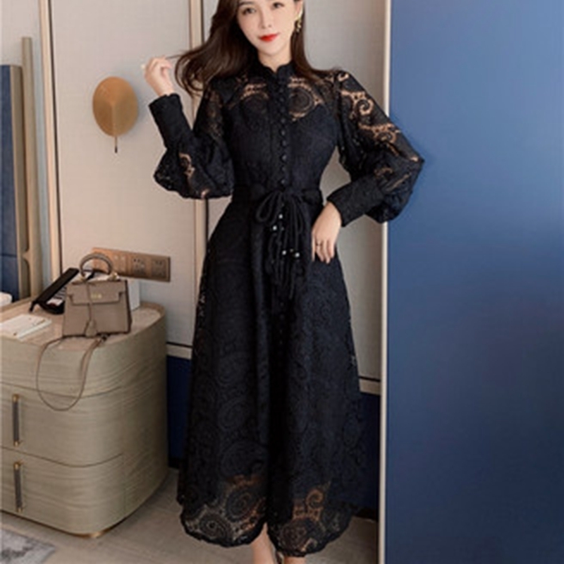 Comelsexy Fashion Autumn Korean Women Dress Stand Collar Lantern Sleeve High Waist Slim Bandage Midi Dresses Female 210515