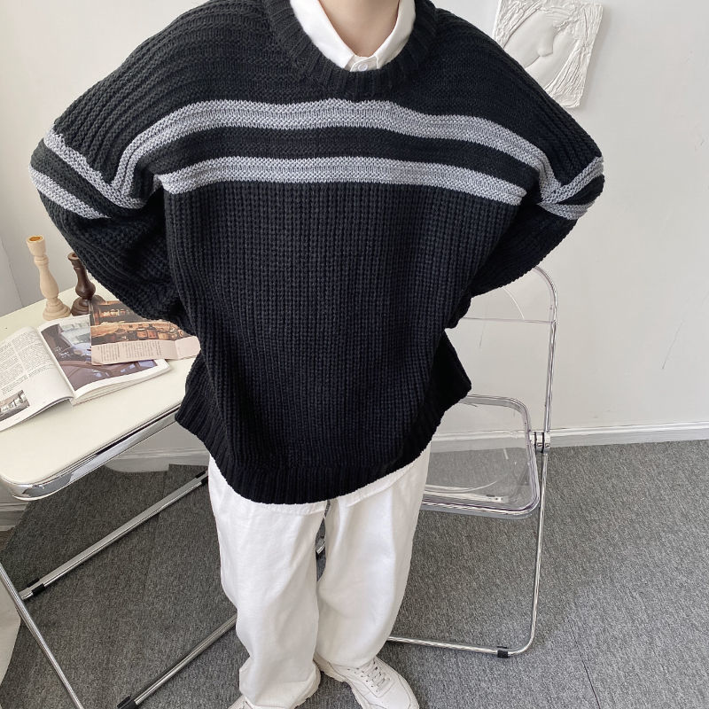 IEFB Autumn Kinttwear Tops For Men Korean Loose Long Sleeve Big Size Round Collar Sweater Vintage Pullovers Gray 9Y4226 210524