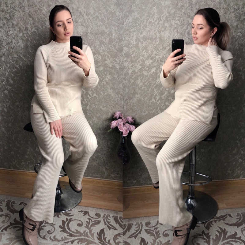 Autumn Winter Outfits Knitted 2 Pieces Set Women Casual Sweater Pullover Top + Wide Leg Pant Set Trousers Womens Suit Plus Size Y0625