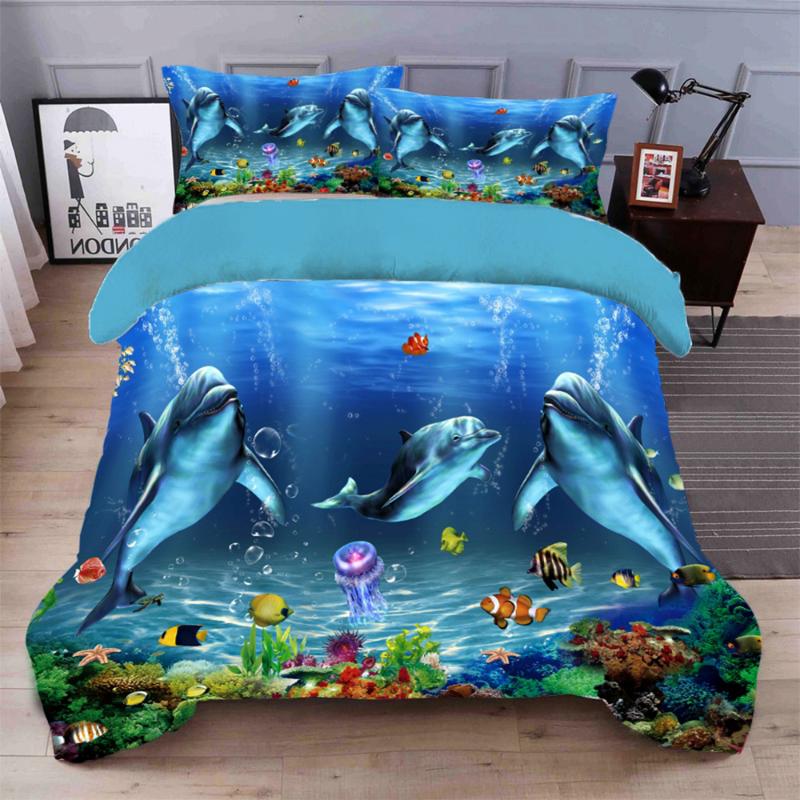 Cute Dolphin Duvet Cover Child Bedspread Twin Size Bedding Set Brushed Fabric Luxury Home Textile 3pcs Flat PillowCase Sets