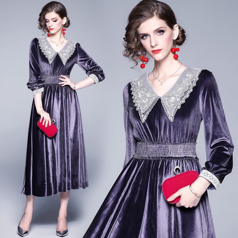 Plus Size Boho Autumn Vintage Velvet Elegant Long Midi Lantern Sleeve Dress Elastic High Waist Turn Down Collar 210421