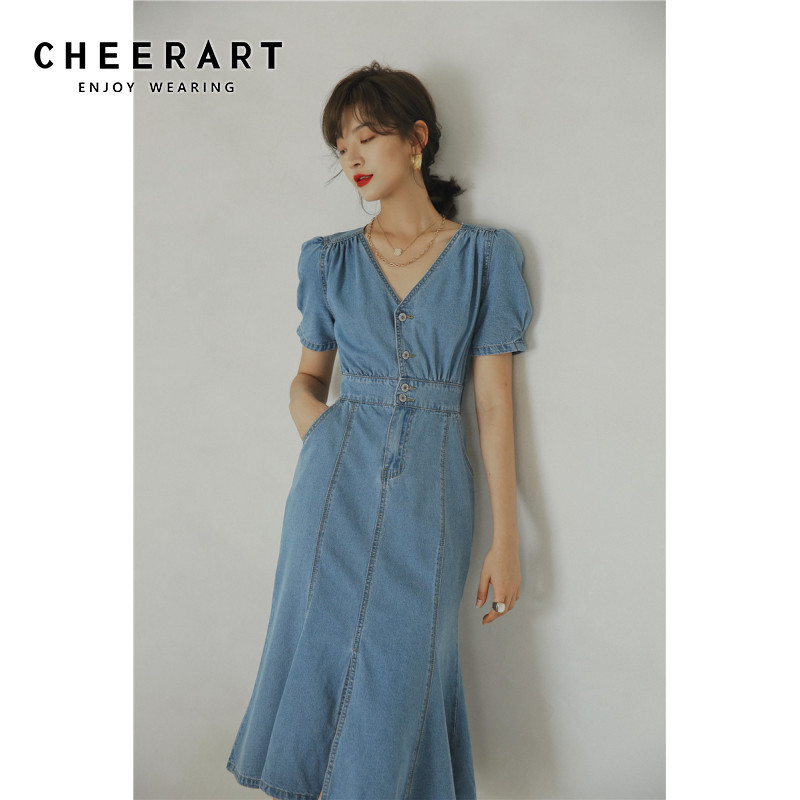 Puff Sleeve Summer Denim Mermaid Dresses Women Short V Neck Tunic Ladies A Line Long Midi Blue Jean Dress 210427