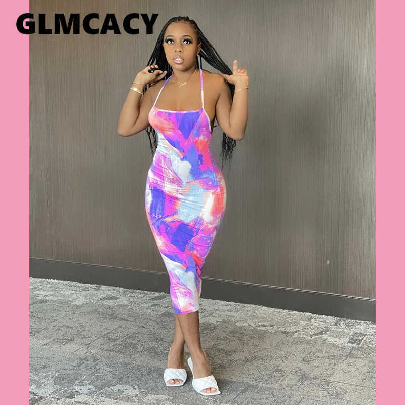 Women Tie Dye Printed Halter Backless Bodycon Dress Slim Fit Backless Sexy & Club Night Out Dresses 210702