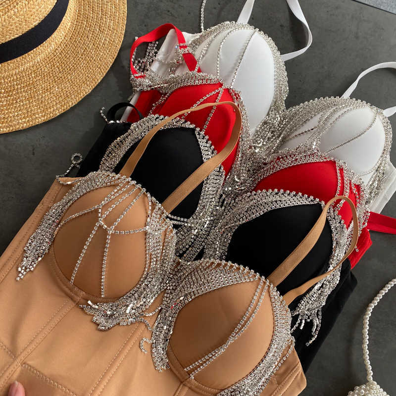 Women Fashion Tassel Camisole Sexy Padded Niglub Dance Sleeveless High Waist Bustier Crop Tops Q121 210625