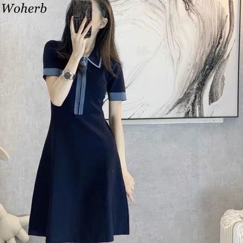 Summer Robe Elegant Sexy Knitted Mini Dress Women Short Sleeve Turn Down Collar Slim Bodycon Korean Vestidos 210519