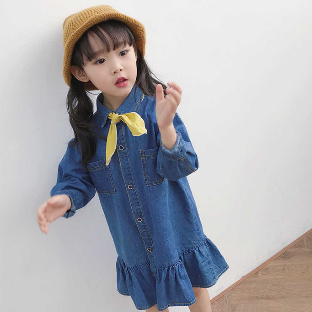 Mudkingdom Girls Denim Dress Toddler Kids Baby Long Sleeve with Yellow Tie Children Clothes 210615