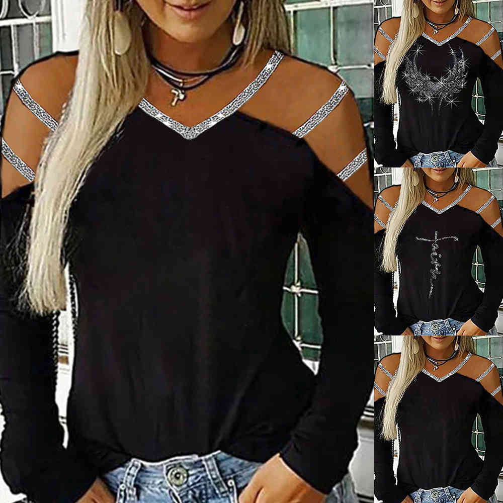 Bling Diamonds T-Shirts For Women Streetwear Sexy Hollow Out Tee Shirts Women Autumn Winter V-Neck Tops Slim Tee Shirt D30 210401