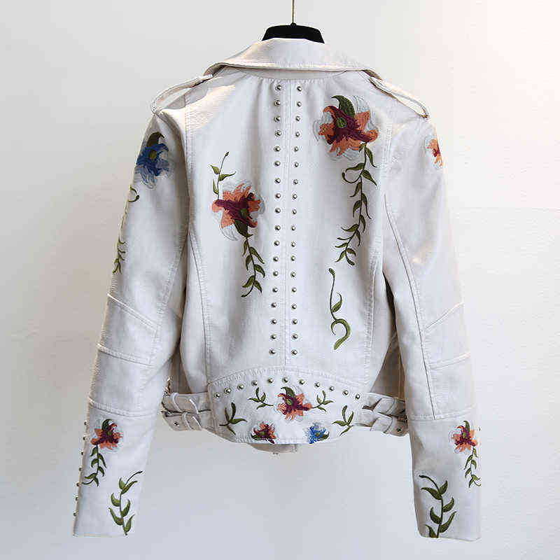 YIZZHOY Spring Autumn Floral Print Embroidery Faux Leather Jacket Women High Street Motorcycle Black Punk Outerwear Biker Jacket 211117