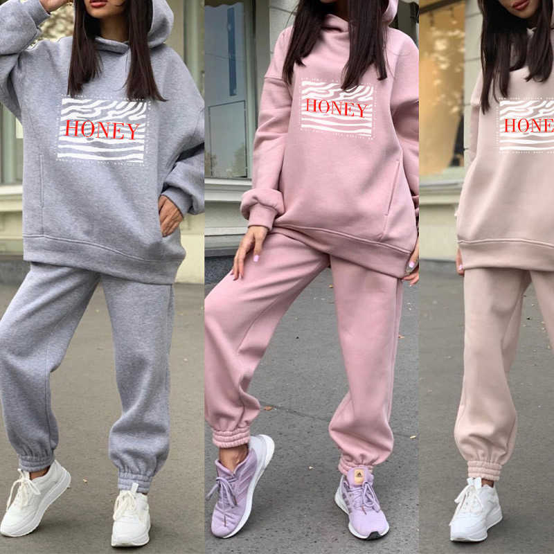 Hoodies Suit Winter Spring Casual Tracksuit Outfit Letter Print Two Piece Tracksuit Sports Home Suit Hoodies Woman Pants 210709