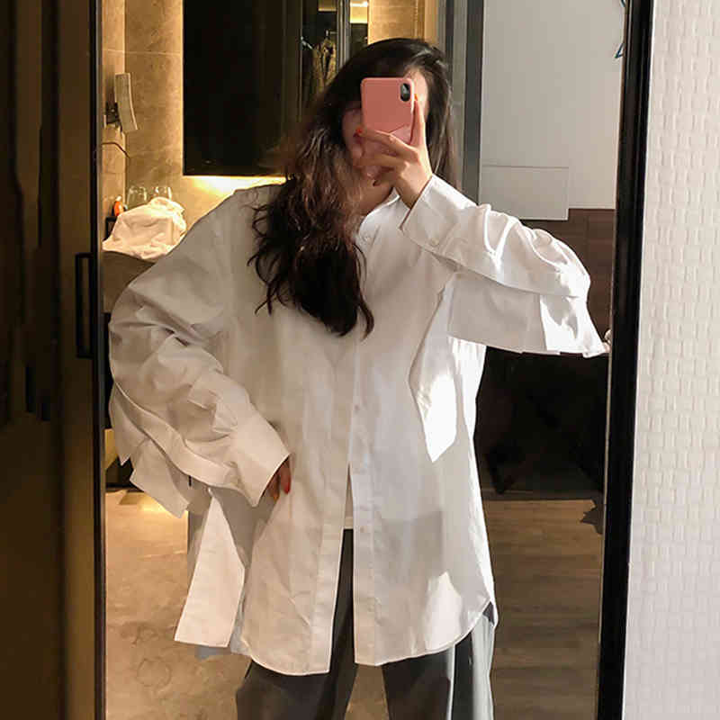 [EAM] Women White Irregular Bandage Big Size Blouse Lapel Long Sleeve Loose Fit Shirt Fashion Spring Autumn 1DD6474 21512